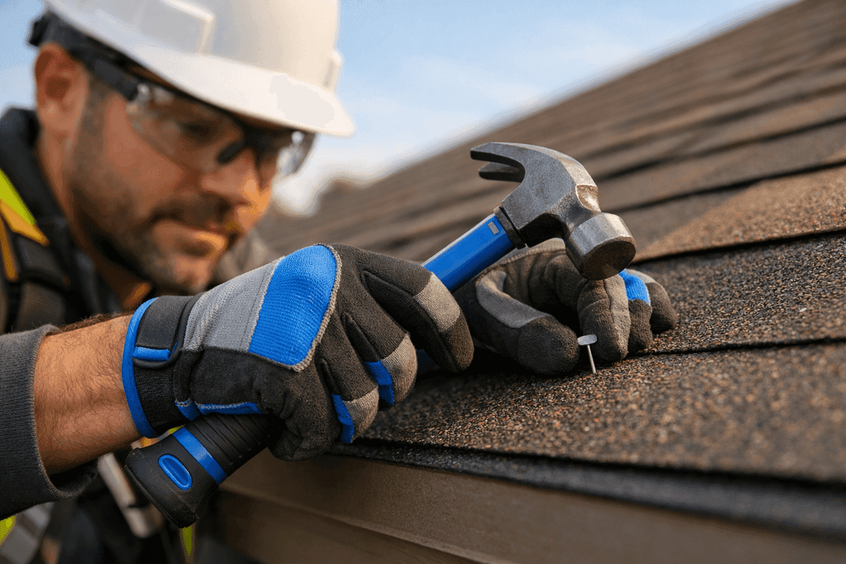 Close-up of roofer’s gloved hands securing shingle on residential roof with safety gear